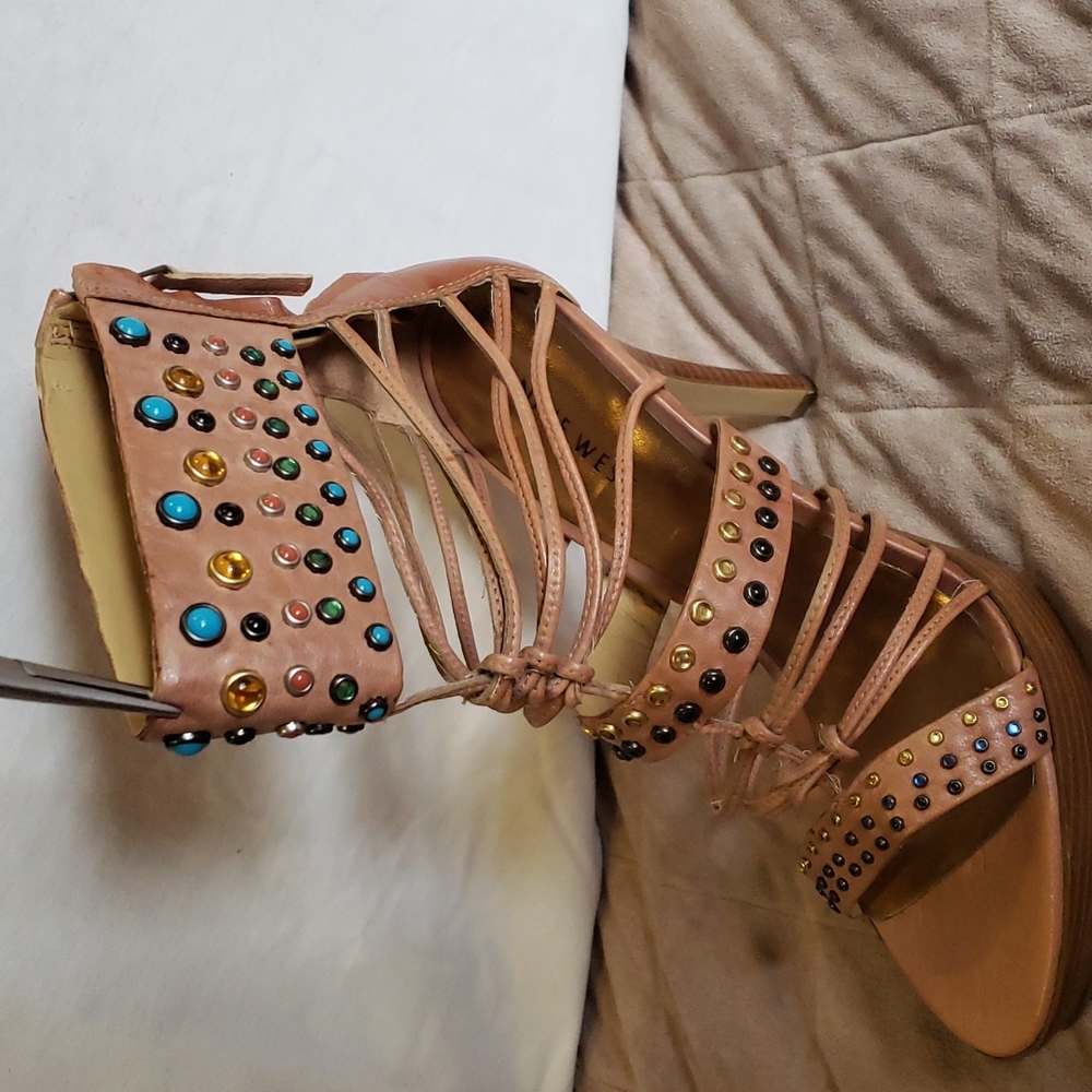 Nine West platform leather embelished heeled sandals - Picture 2 of 14